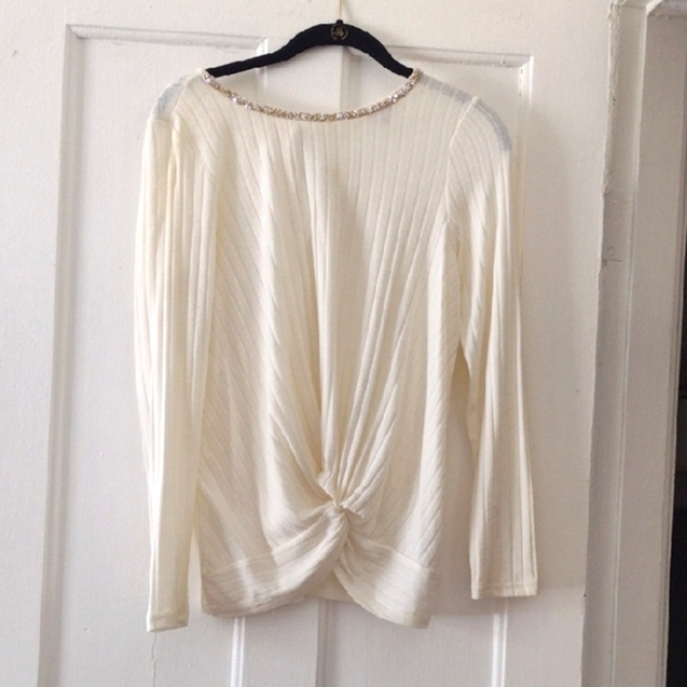 JUICY COUTURE CREAM RIBBED RHINESTONE COLLAR LONG SLEEVE JERSEY SIZE S